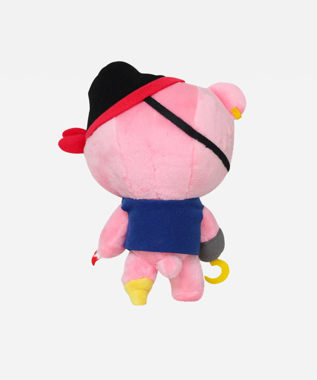 Pink plush bear wearing a pirate hat, blue vest, eye patch, grey hook hand, and yellow peg leg on a white background.