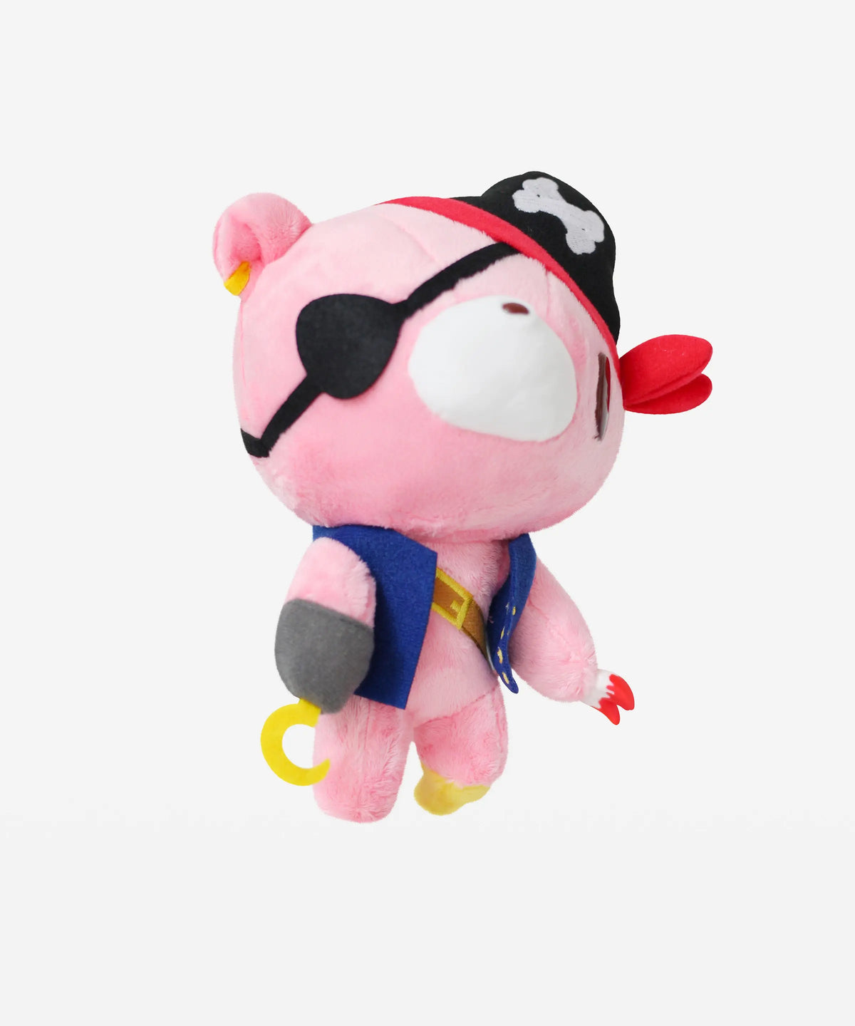8-inch pink plush bear dressed as a pirate with an eyepatch, bone-print hat, blue vest, and yellow hook hand.