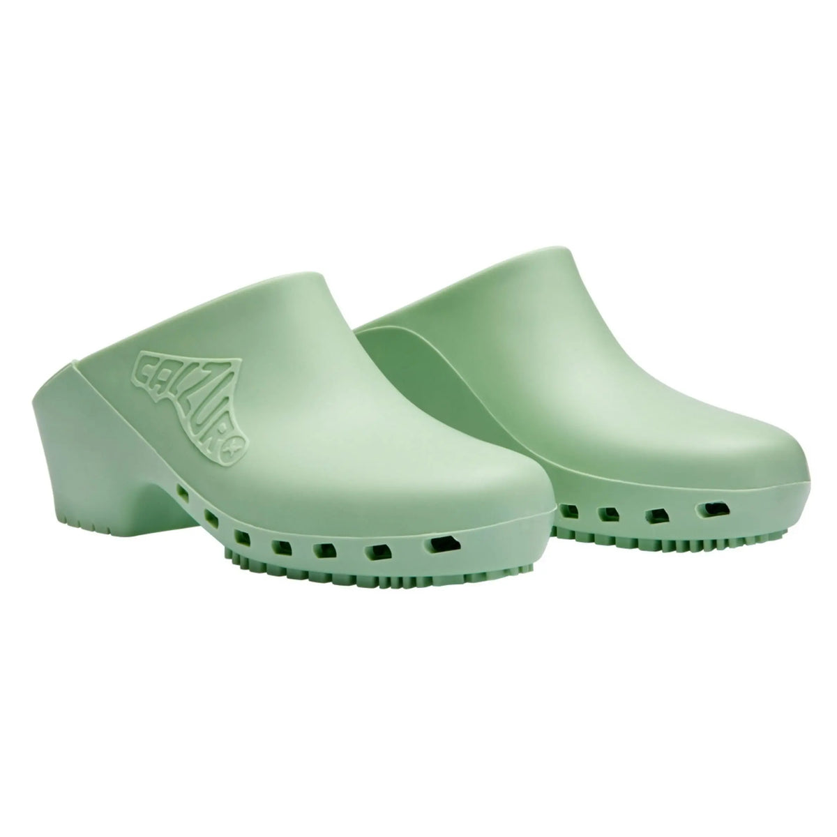 Pistachio green rubber slip-on clogs with a solid top, side logo, and textured lug soles.