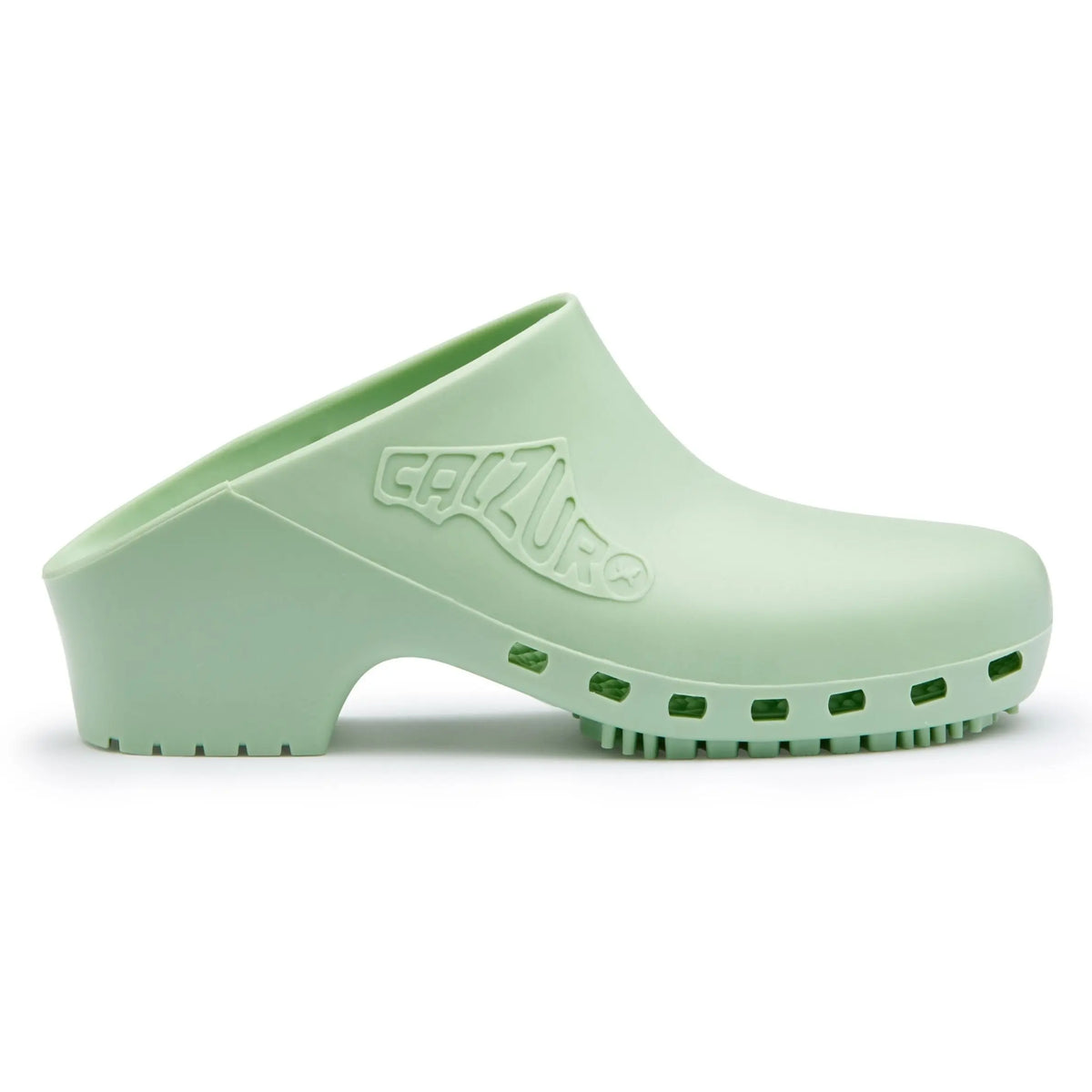 Pistachio green slip-on clog with a solid upper, side ventilation along the sole, and a block heel.