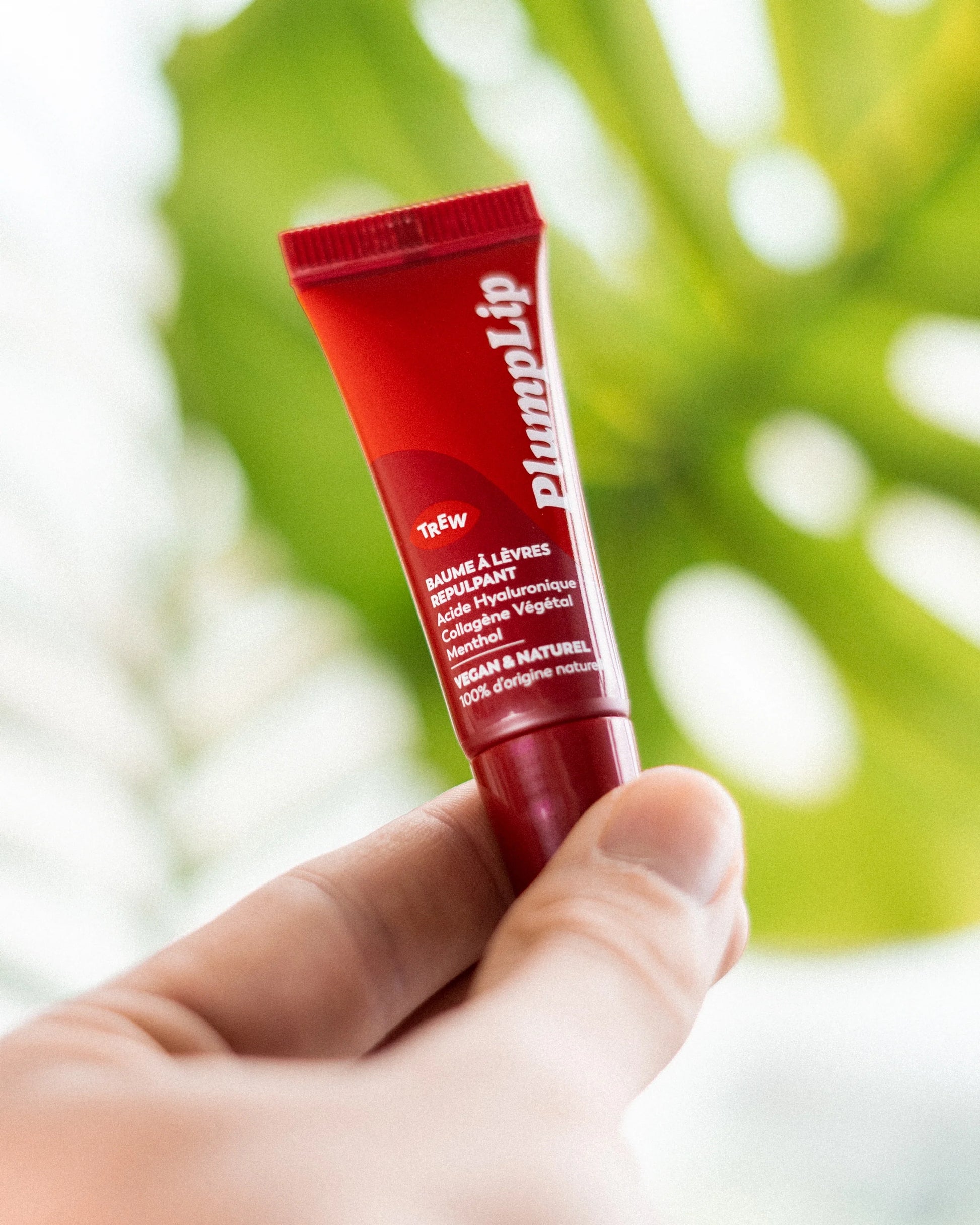 Main tenant un tube rouge vif "PlumpLip" de Trew Cosmetic sur fond de feuille verte floutée. Design moderne et naturel.