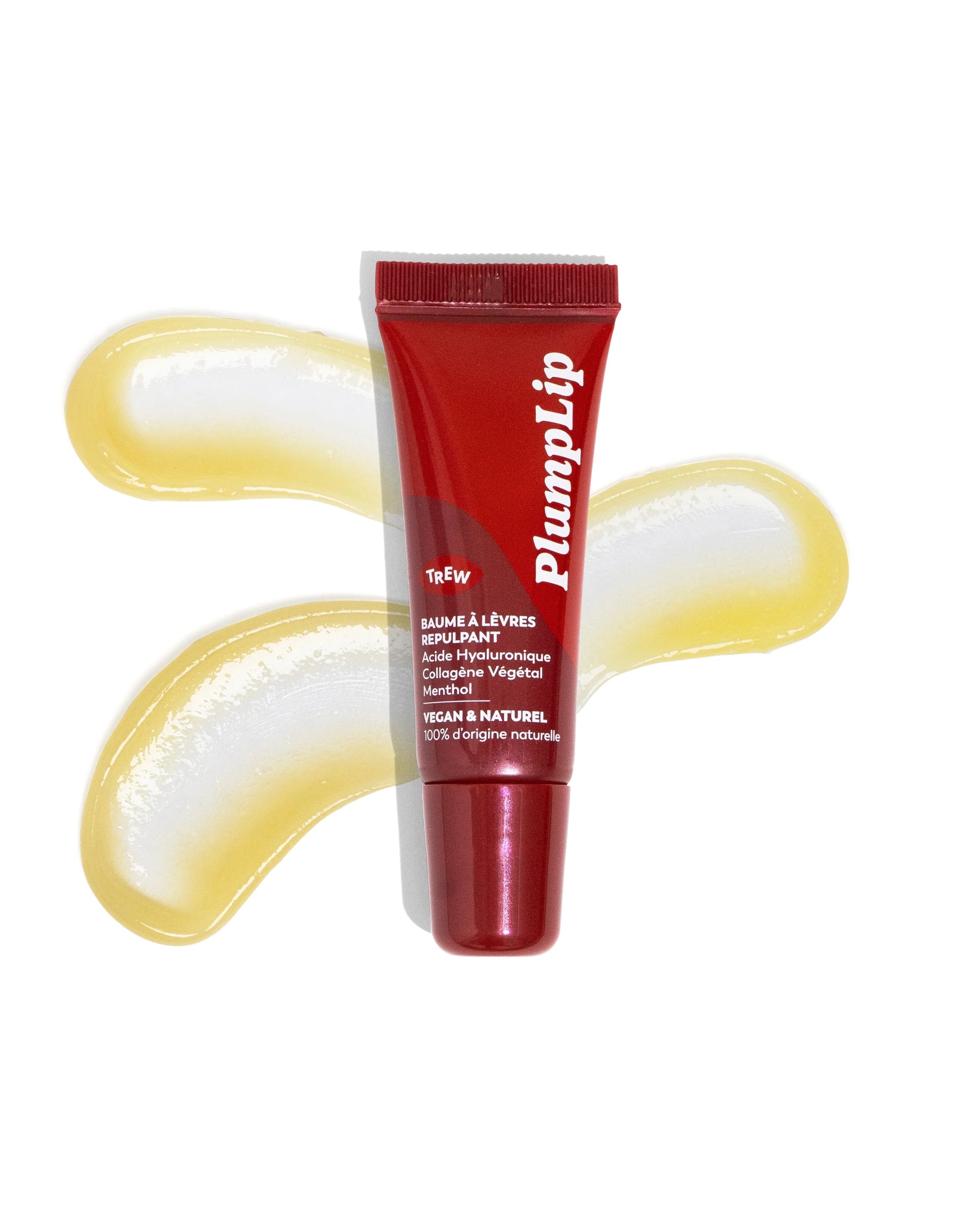 Tube rouge PlumpLip sur deux traits de baume transparent et brillant, sur fond blanc. Design minimaliste et moderne.