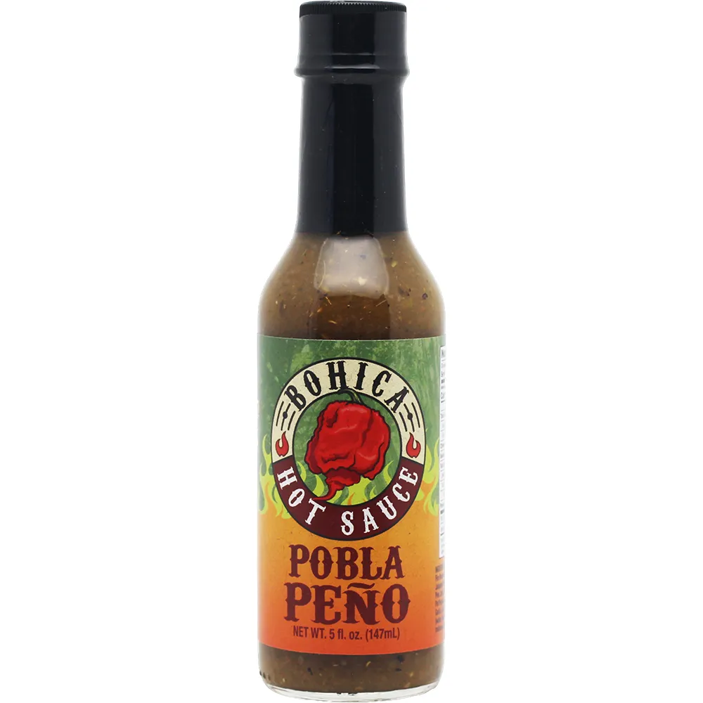 A bottle of green Pobla Peño hot sauce with a black cap and label featuring a red pepper illustration.