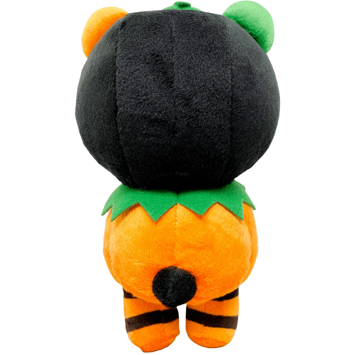 Back view of a plush Gloomy Bear wearing a black pumpkin hat, orange pumpkin body, and green collar on black.
