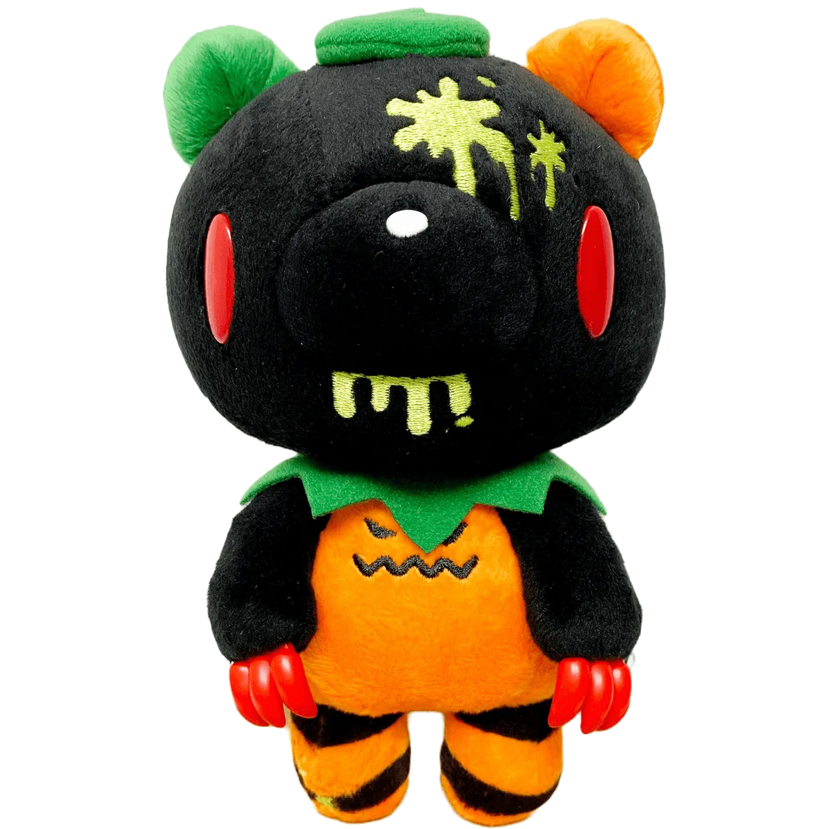 An 8-inch plush Gloomy Bear with a black head, green and orange ears, red claw tips, and a pumpkin-themed body.