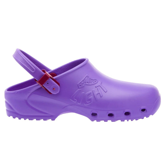 Light lilac slip-on clog with a purple heel strap, side air vents, and embossed branding on the side.