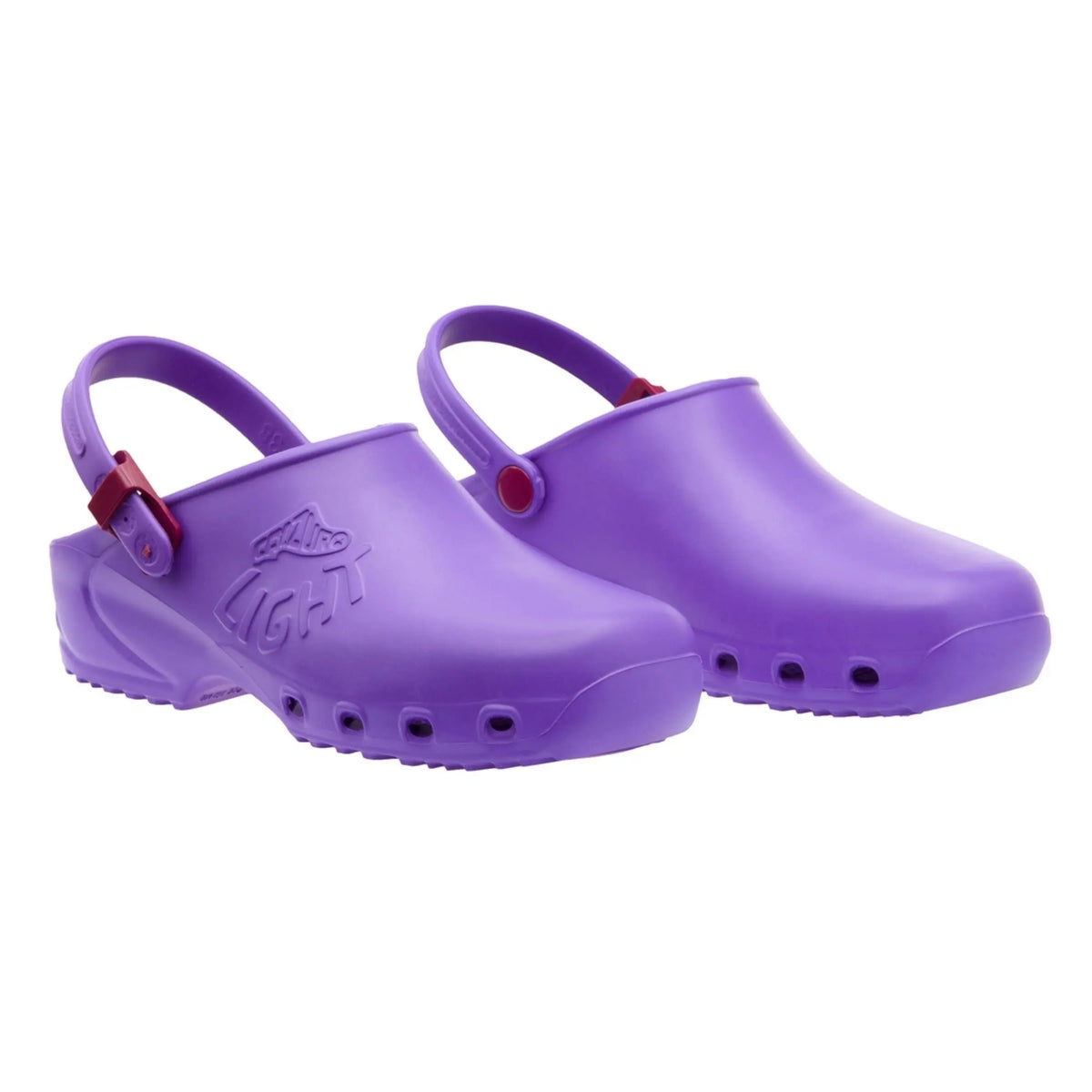 Pair of bright purple lightweight clogs with a back strap and side ventilation holes on a white background.