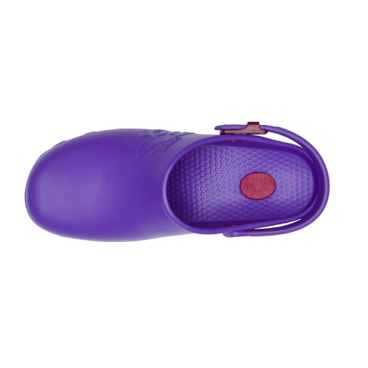 Top-down view of a purple, smooth-textured, round-toe clog with a textured insole, heel strap, and red circular logo.