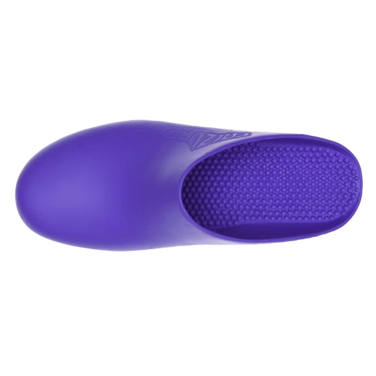 Purple rubber clog with a smooth, solid closed-toe design and a textured, nubbly interior footbed.