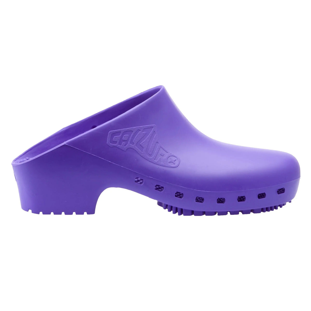 Purple slip-on rubber clog with a solid upper, enclosed sides, and a sturdy, textured lug sole.