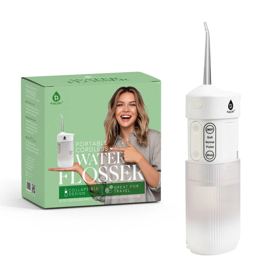 White, collapsible, portable USB-rechargeable water flosser with 3 pressure modes and its green product box.