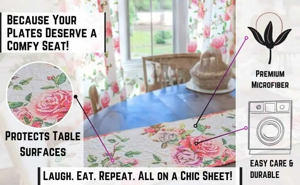 Quilted dining table runner with pink and white rose floral print on a wooden table, highlighted with care icons.