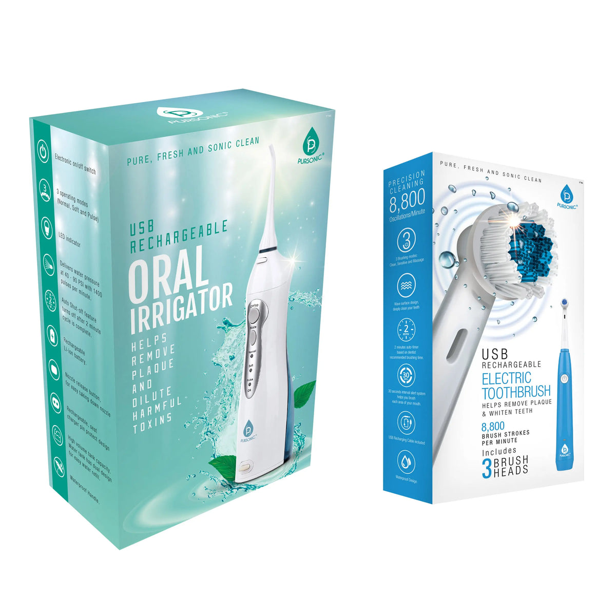 Two product boxes for a Pursonic oral irrigator and electric toothbrush, featuring product images and white-blue themes.