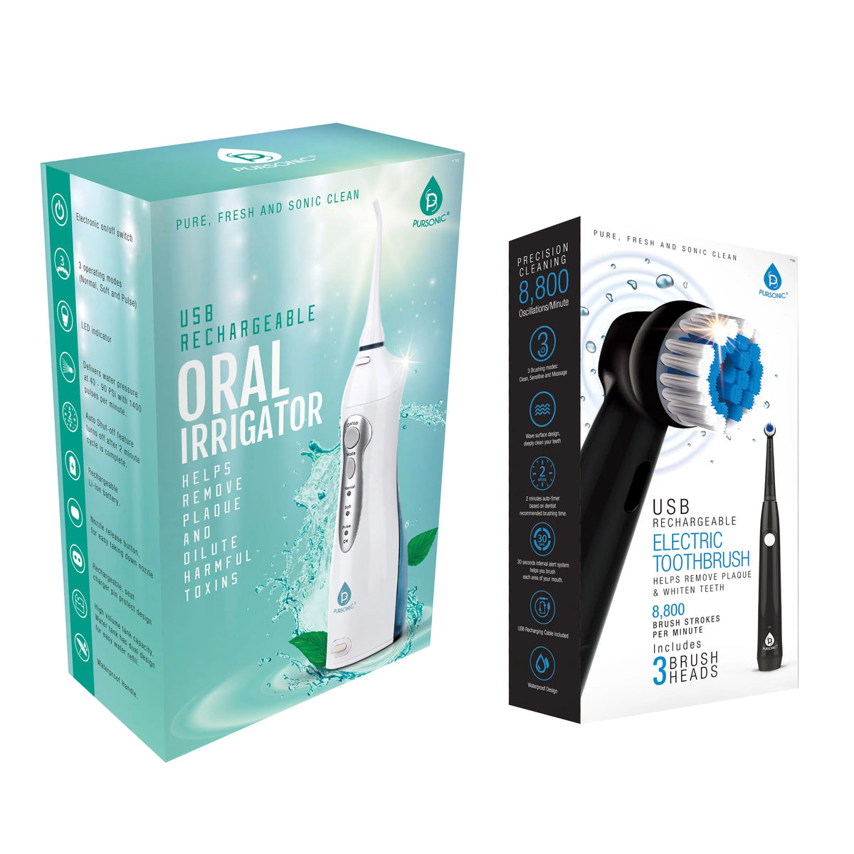 Pursonic white oral irrigator and black electric toothbrush in their respective retail boxes with product features.