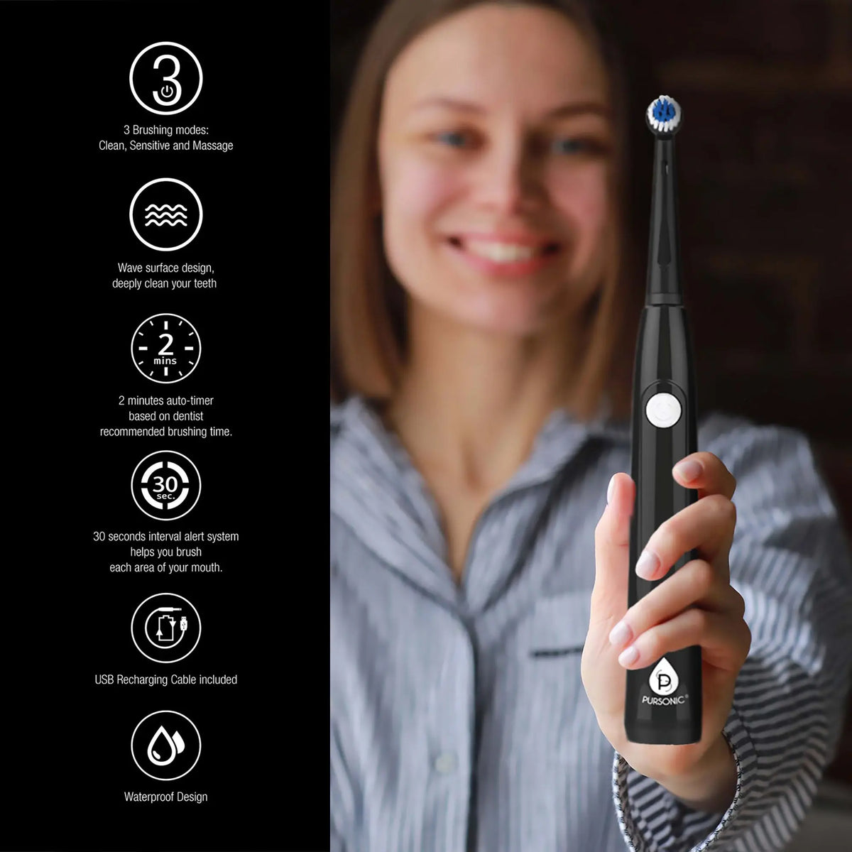Woman holding a black Pursonic rotary toothbrush with a round head and icons listing features on the left side.