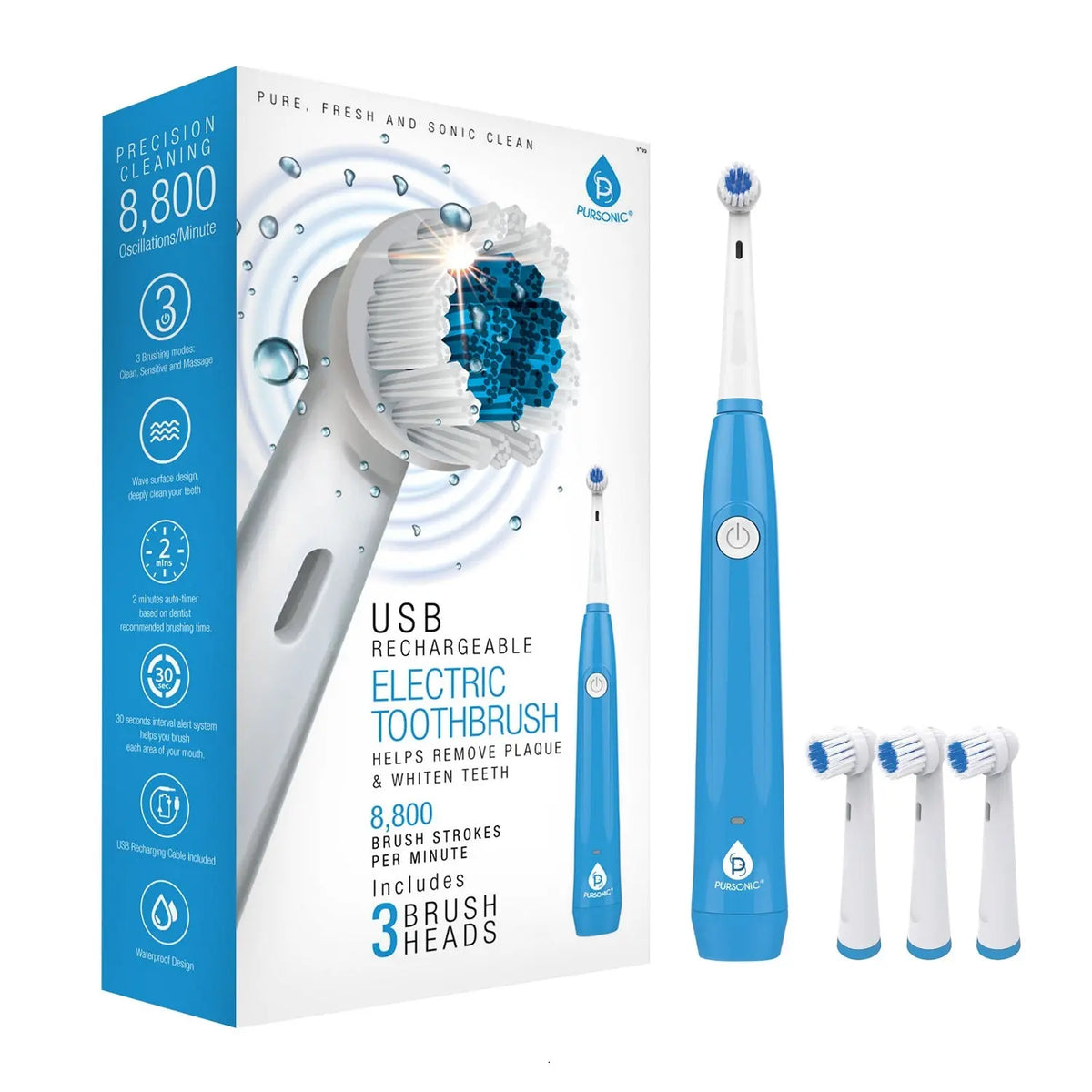 Blue electric rotary toothbrush with three extra heads next to its product packaging box.