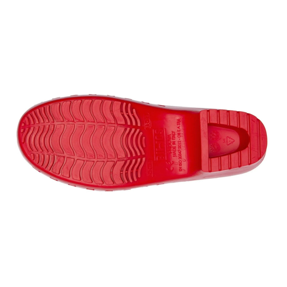 Red, hole-free slip-on clog showing the textured, non-slip tread on the sole and "Made in Italy" embossed details.