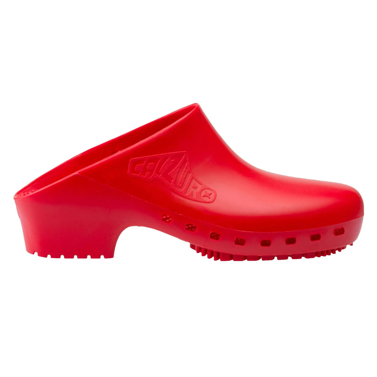 Solid red rubber professional clog with a smooth, hole-free upper and a rugged, lugged sole for traction.