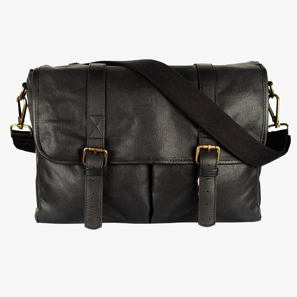 Black Waxed Canvas Camera Bag, crossbody design for full-frame camera and lenses