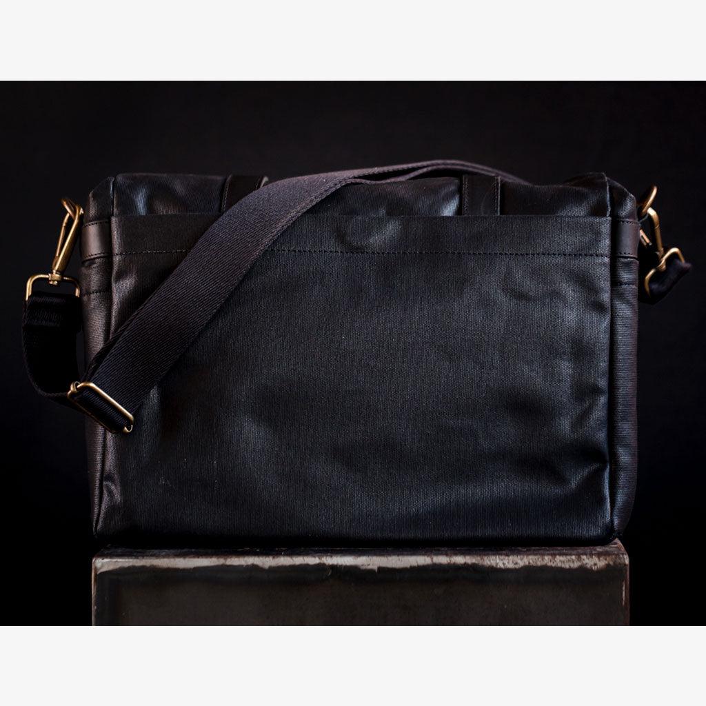 Black Waxed Canvas Camera Bag with front and rear pockets for accessories
