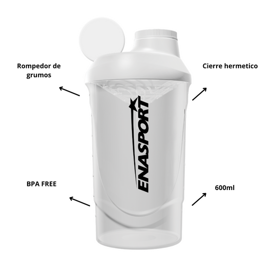White 600ml BPA-free shaker bottle with a lump breaker and airtight lid, featuring ENASPORT branding.