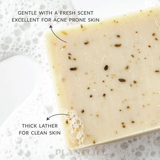 Rectangular off-white soap bar with brown herbal speckles, partially surrounded by white soap lather on a white surface.