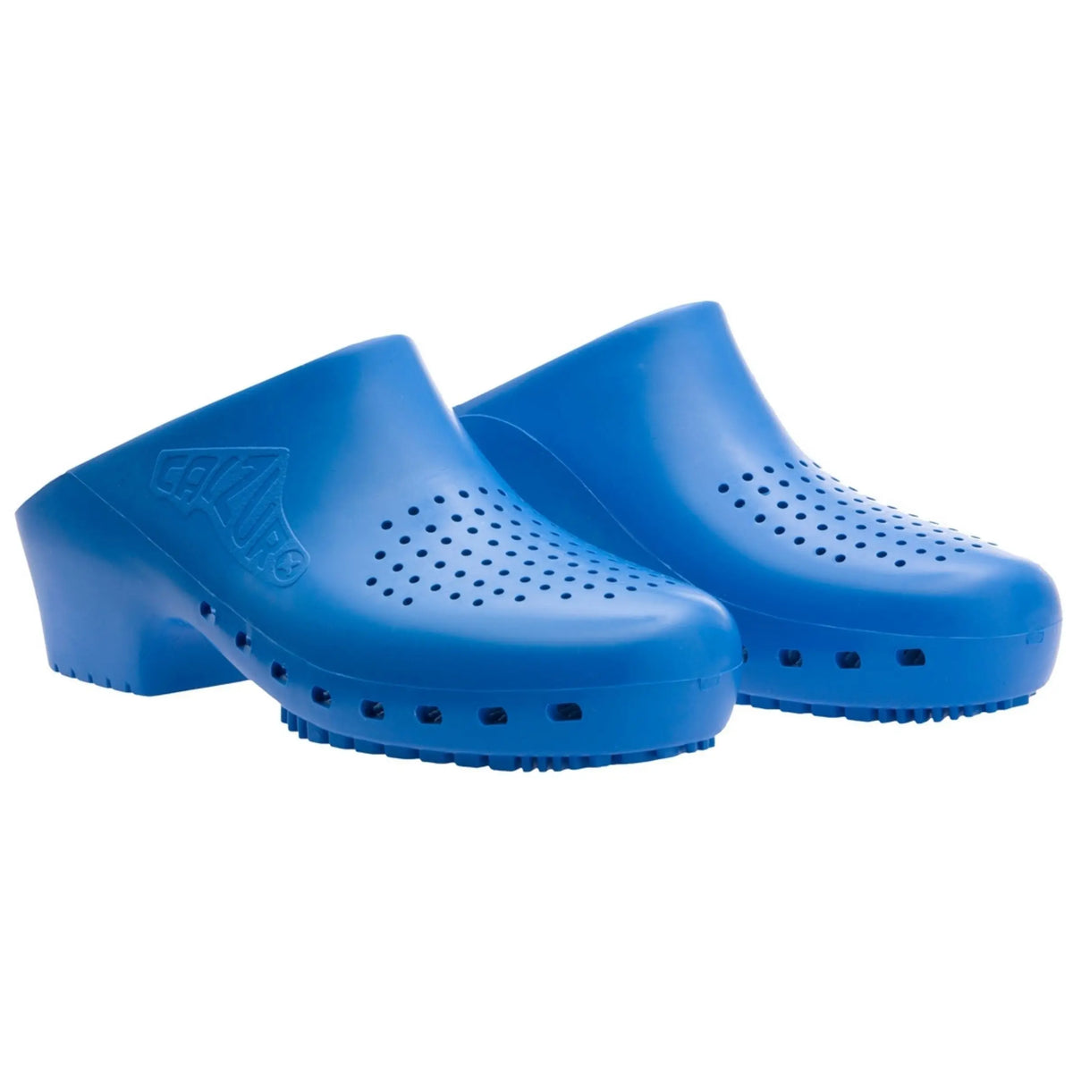 Royal blue slip-on clogs with perforated toe boxes and side ventilation holes on a textured rubber-like sole.