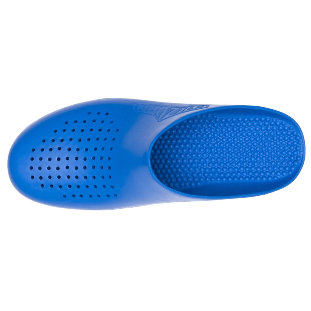 Royal blue, slip-on medical clog with side ventilation holes and a textured, non-slip interior sole.