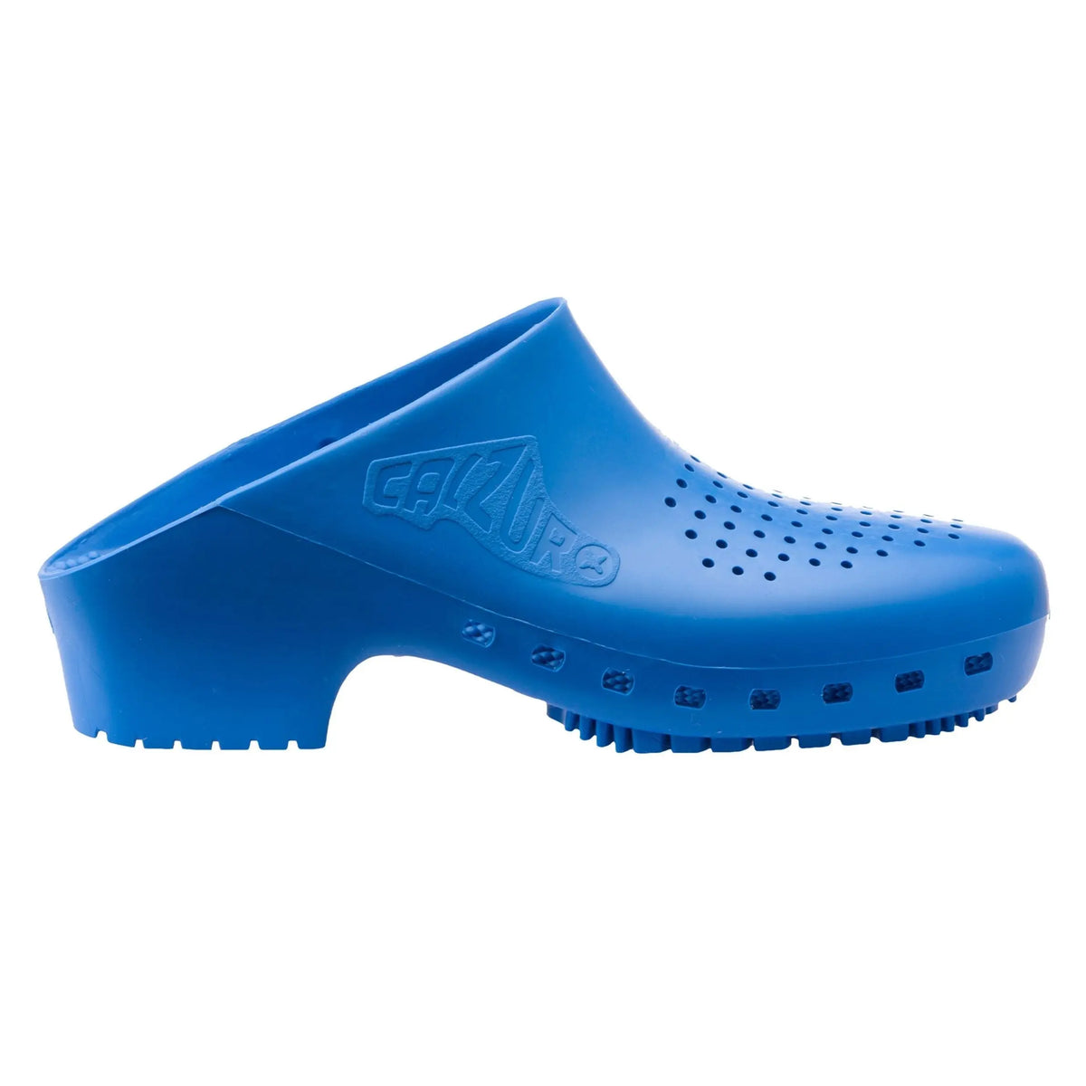 Royal blue rubber clog with ventilation holes on the top and sides, featuring a thick sole and Calzuro logo on side.