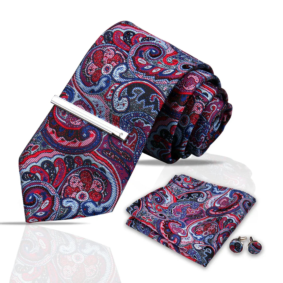 Narbonne · conjunto de corbata con estampado paisley azul y morado con pañuelo, gemelos y pasador