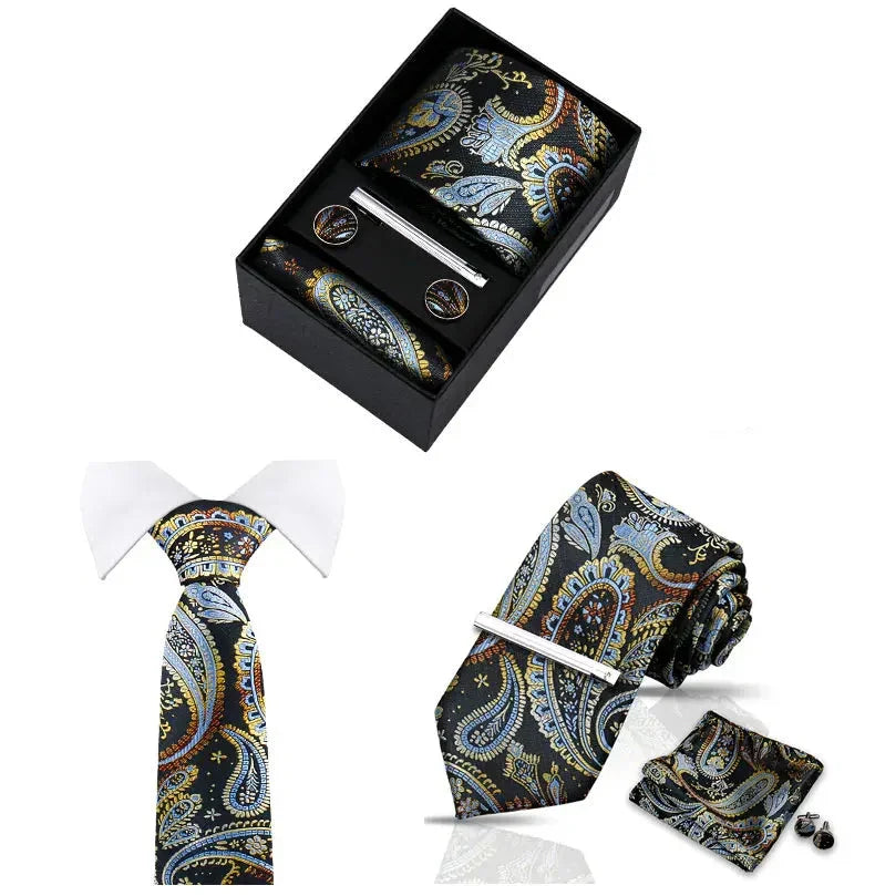 Marseille · conjunto de corbata con estampado paisley azul y dorado con pañuelo, gemelos y pasador