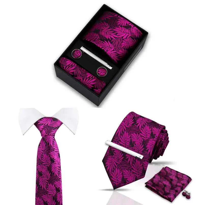 Helecho rosado · conjunto de corbata floral magenta con pañuelo, gemelos y pasador