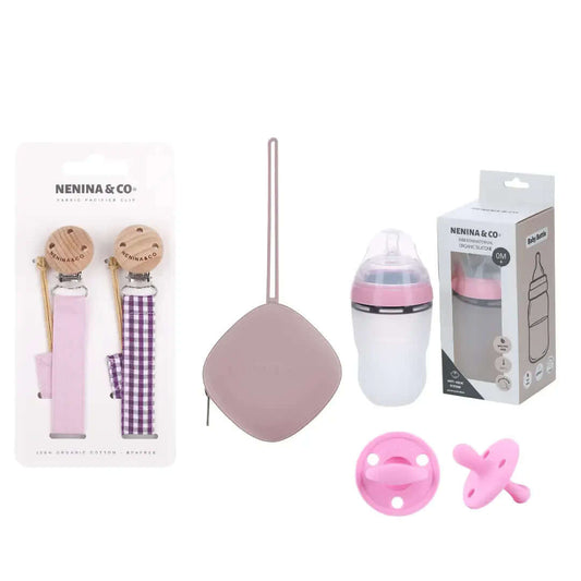 Kit de Biberón y Chupete Clásico con Chupeteros de Algodón para Bebé Recién Nacido | Nenina & Co