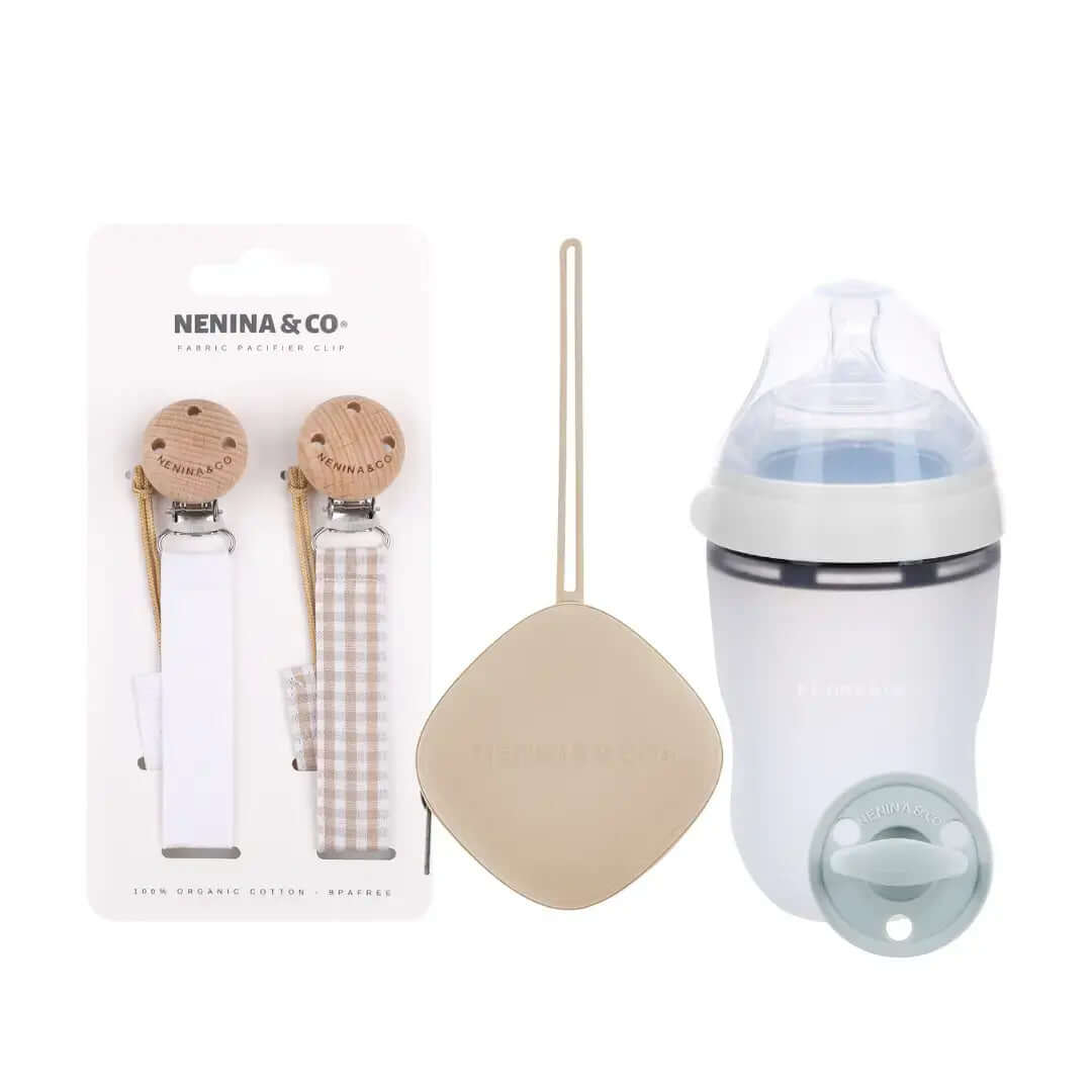 Kit de Biberón y Chupete Clásico con Chupeteros de Algodón para Bebé Recién Nacido | Nenina & Co