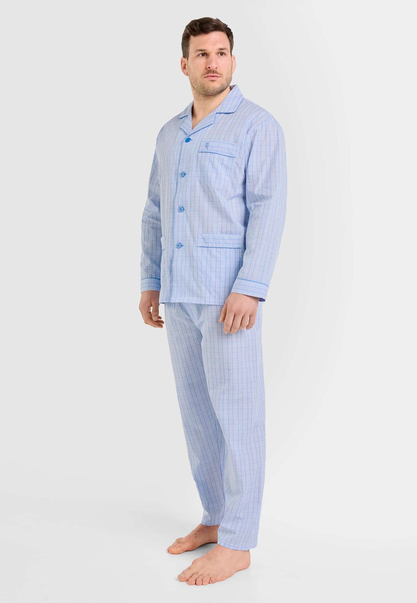 Pijama Hombre Largo Solapa Popelín Cuadros - Azul 1526_30