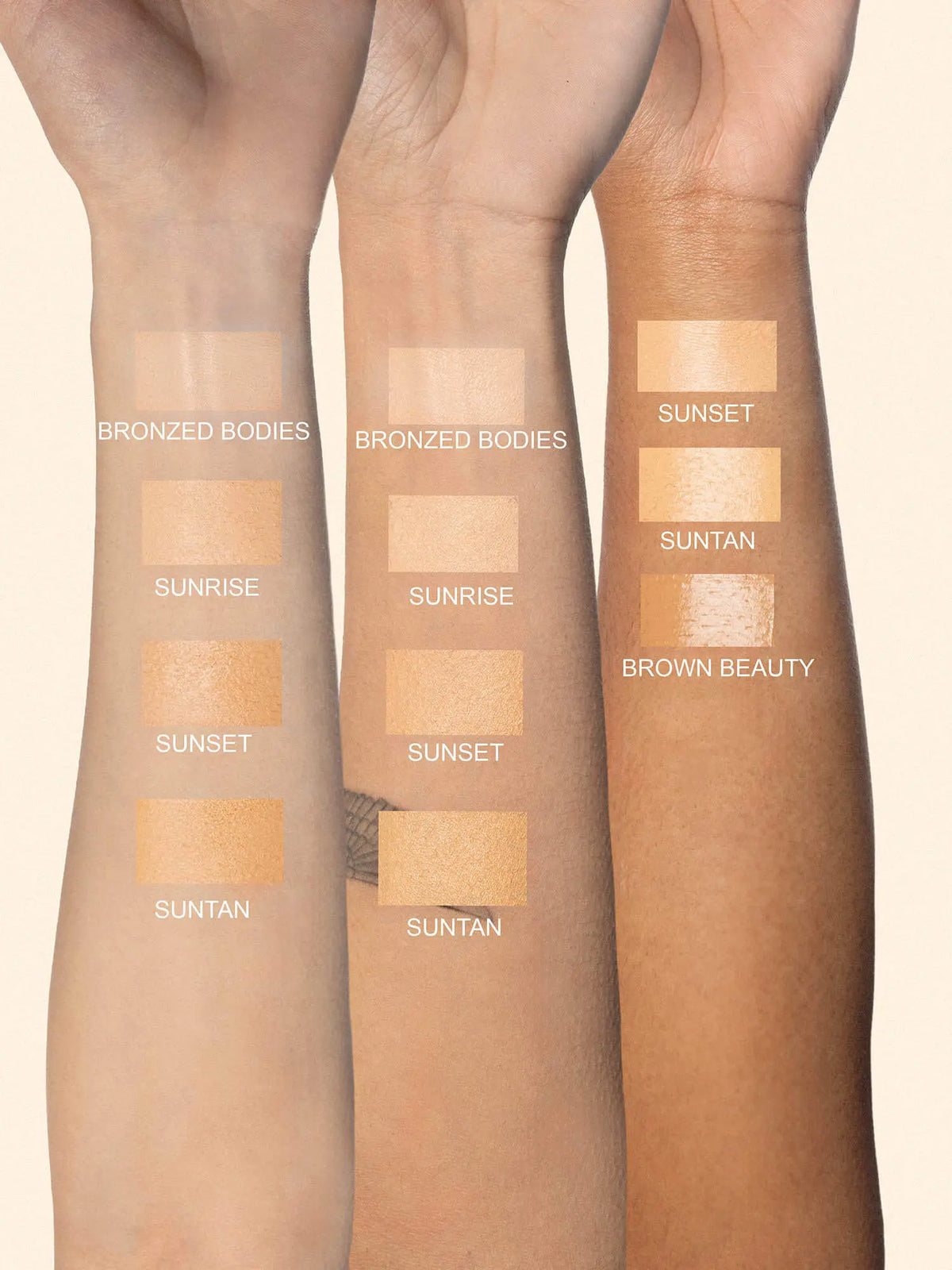 Three arms showing swatches of Beach Vibes foundation in various shades labeled with names like Sunrise and Sunset.