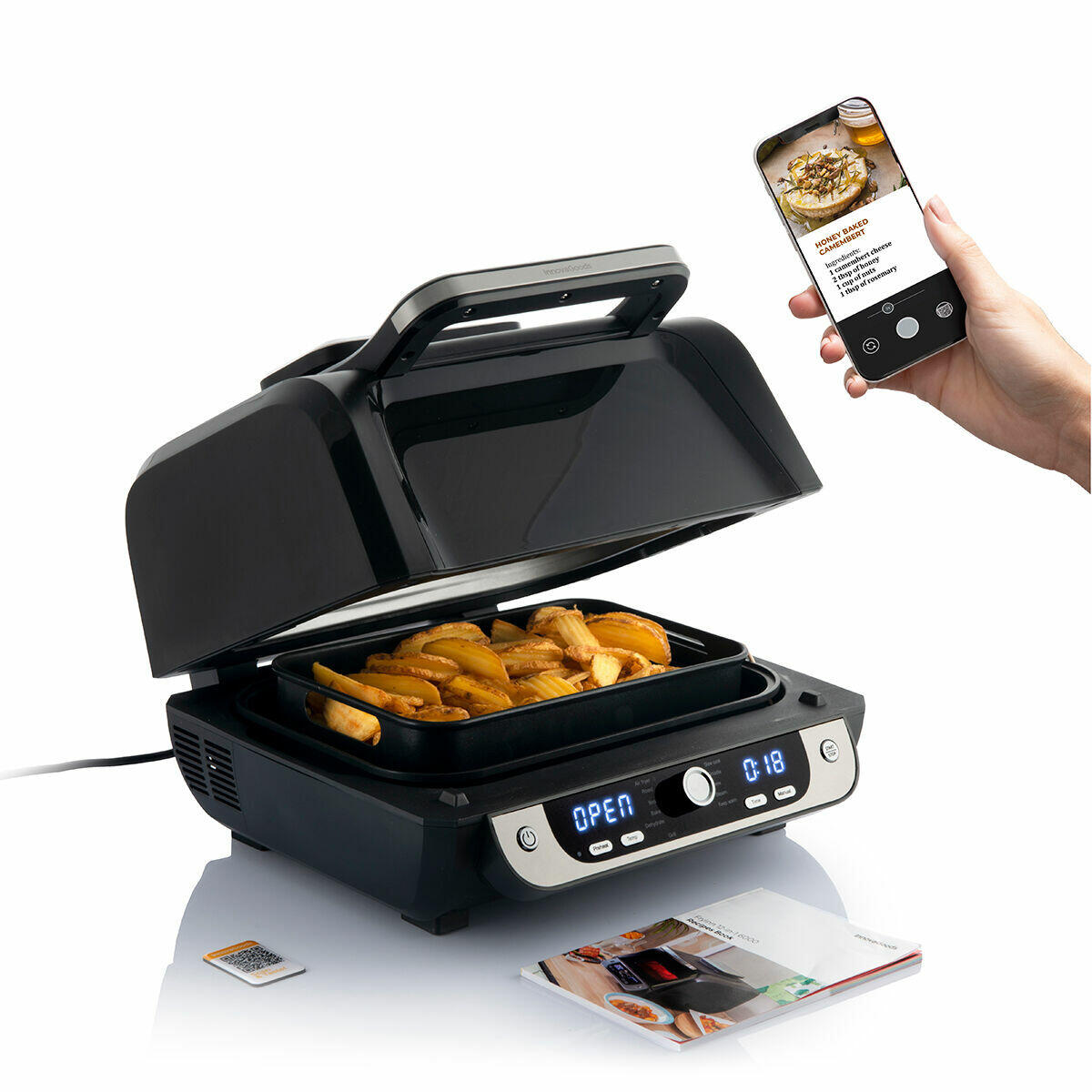 Smart Air Fryer Toaster Oven Cooking Crispy Fries – Scan QR Code or Use App for Recipes & Remote Control