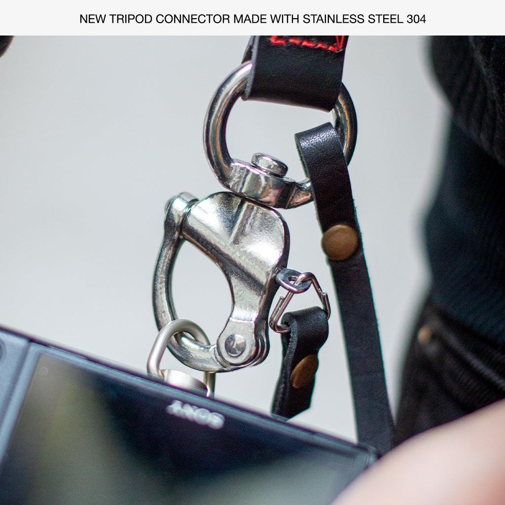 New tripod connector made with stainless steel 304 on a camera strap, showcasing durability and reliable attachment.