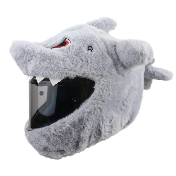 Grey plush shark motorcycle helmet with a black visor and playful 3D fins and teeth design.