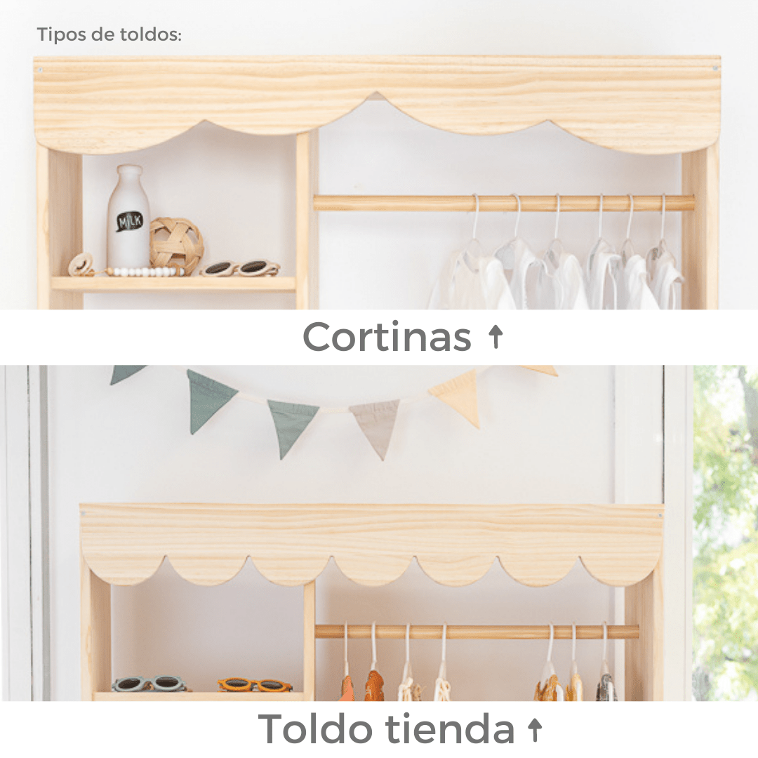 Cortinas de madera clara con diseño de olas y toldo de tienda en tonos suaves, ideal para decoración infantil.