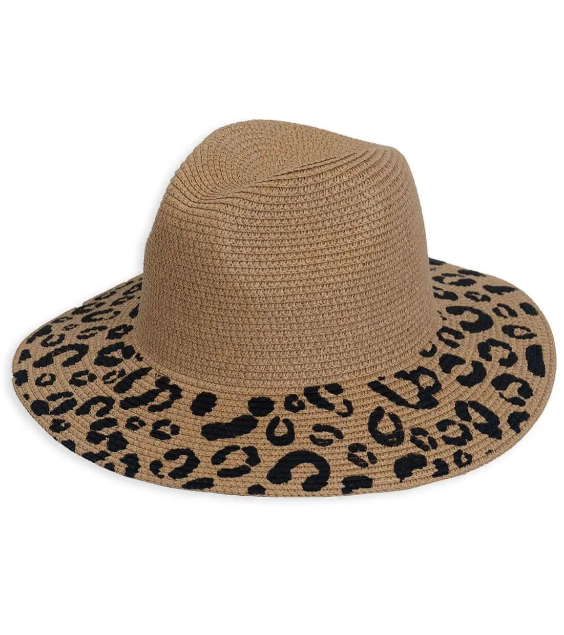Tan straw Panama hat with a pinched crown and a wide, black leopard-print brim.
