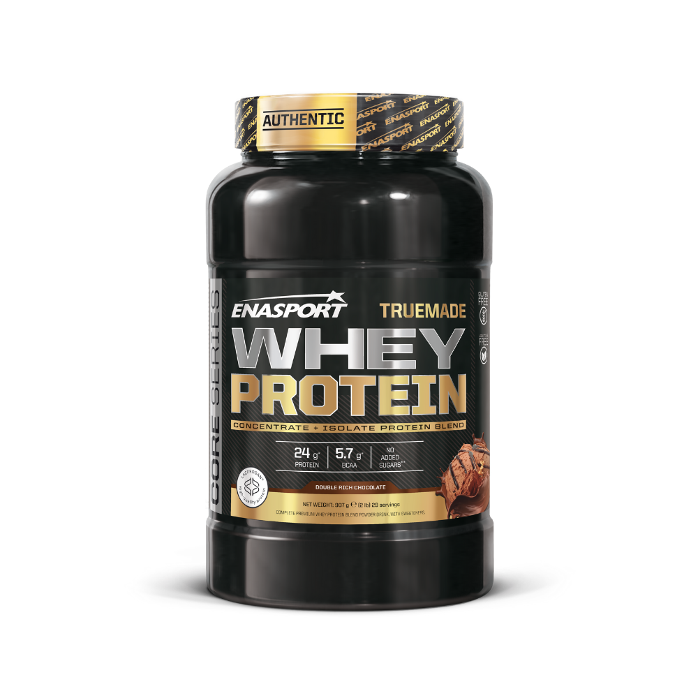 Black container of Enasport TrueMade Whey Protein, chocolate flavor, 2 lbs, blend of concentrate and isolate.