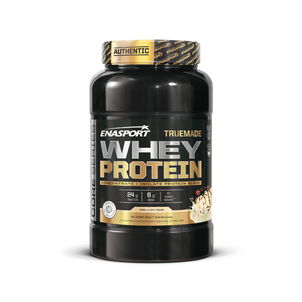 Enasport TrueMade Whey Protein in black and gold tub, containing vanilla cream flavor, 24g protein per serving.