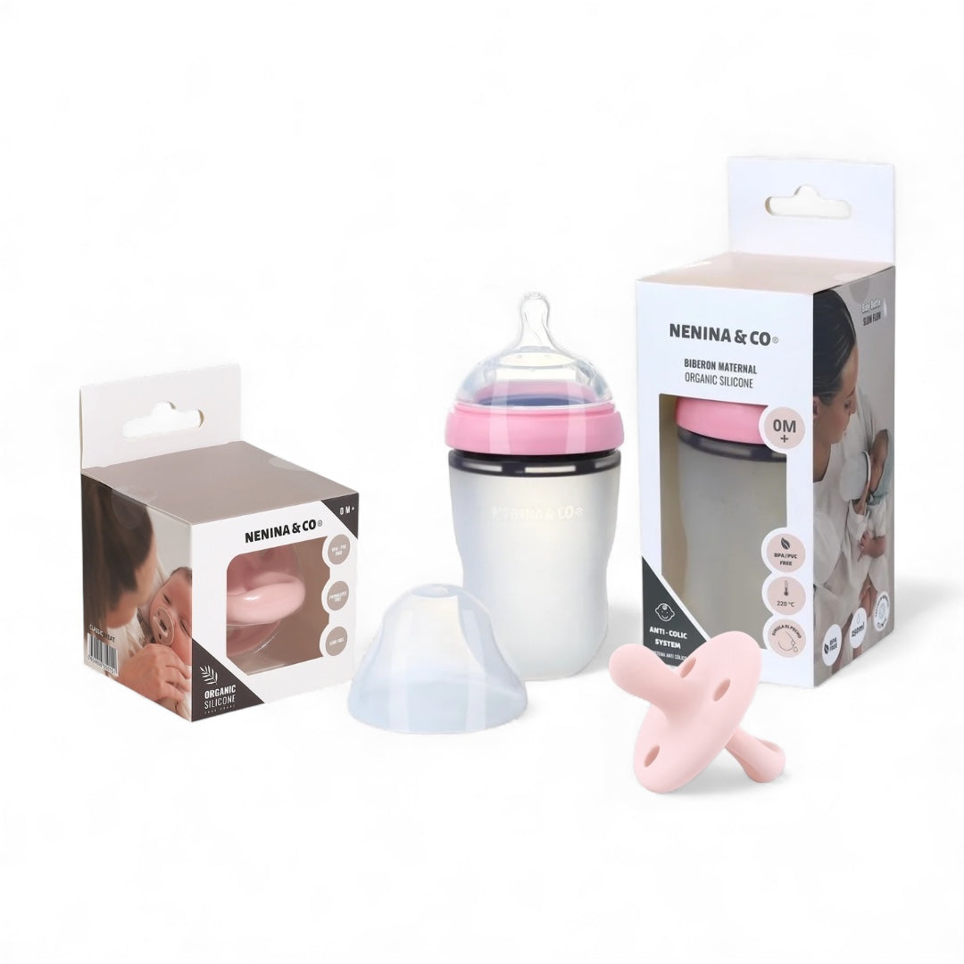 Pack Biberon flujo lento + Chupete Clásico Rosa pálido Nenina & Co