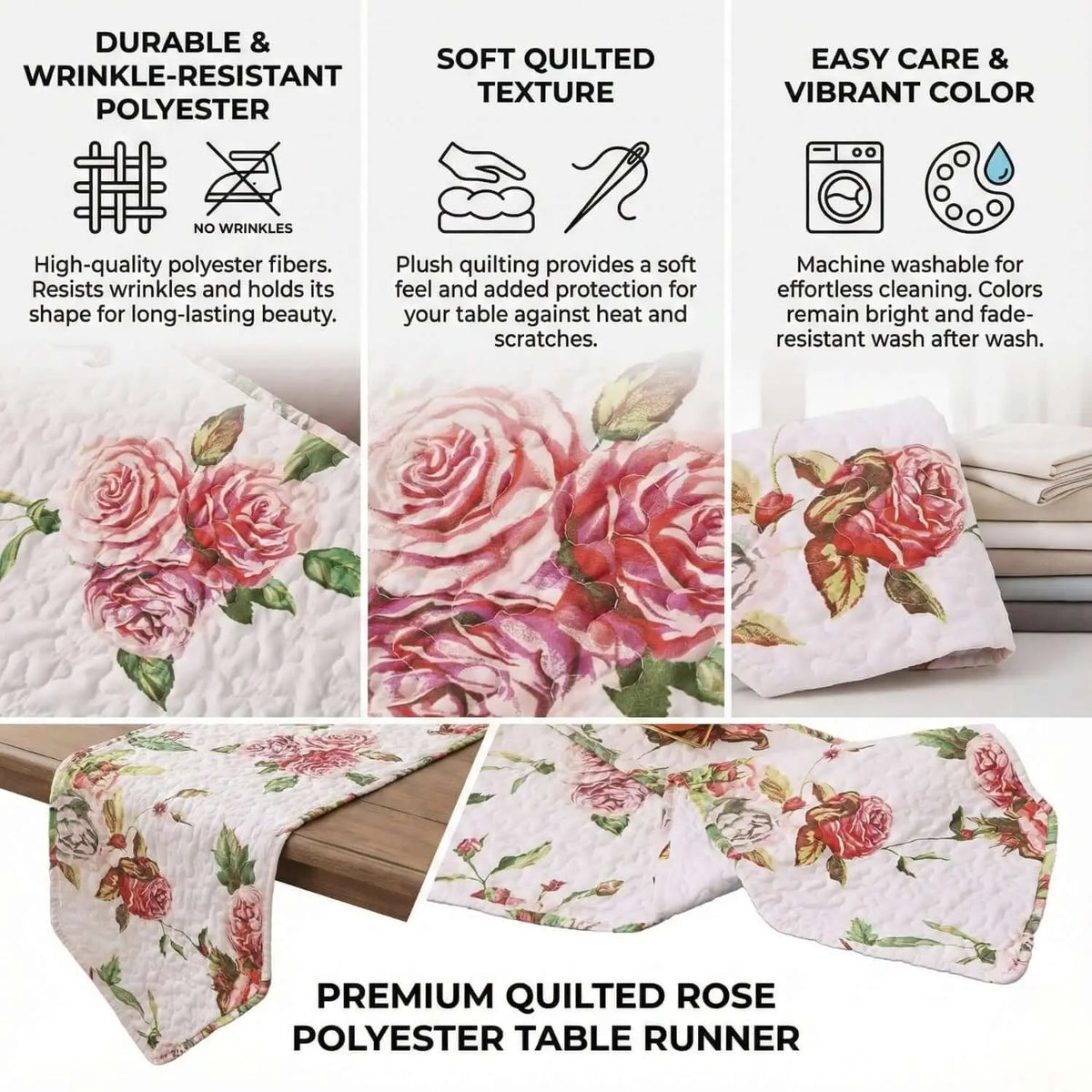 Quilted white dining table runner featuring a romantic pink and red rose floral pattern with durable polyester fabric.