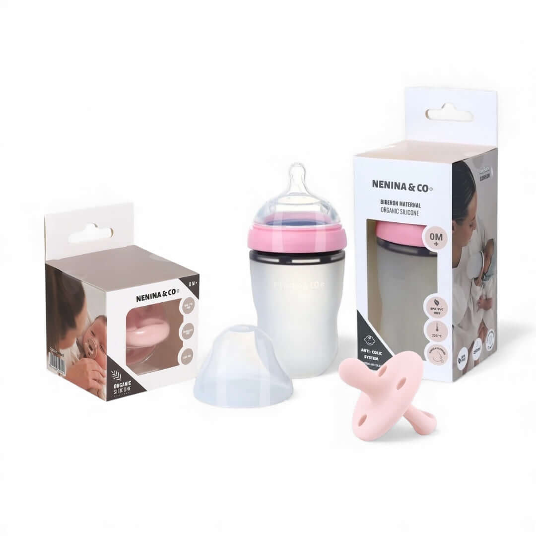Pack Biberon flujo lento + Chupete Clásico + 2 Chupeteros de algodon orgánico Nenina & Co