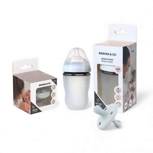 Pack Biberon Blanco flujo lento + Chupete Clásico Gris Nenina & Co