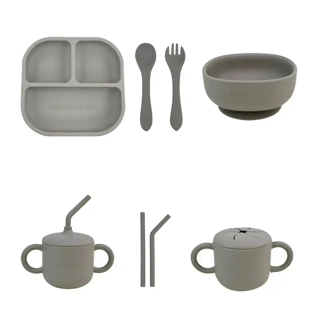 Kit Deluxe Vajilla + Babero BLW Gris 9 Piezas de Silicona orgánica con ventosas Nenina & Co