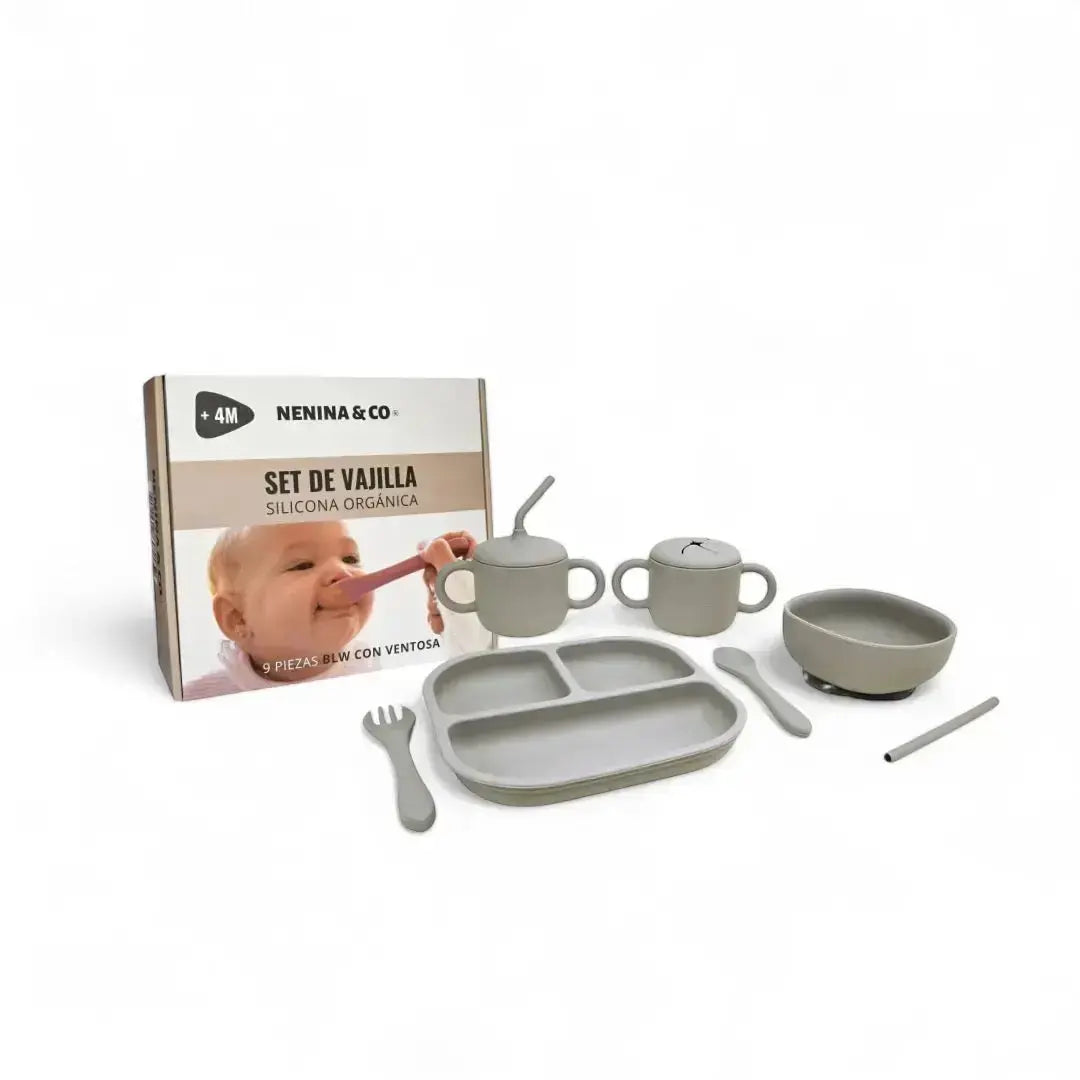 Kit Deluxe Vajilla + Babero BLW Gris 9 Piezas de Silicona orgánica con ventosas Nenina & Co