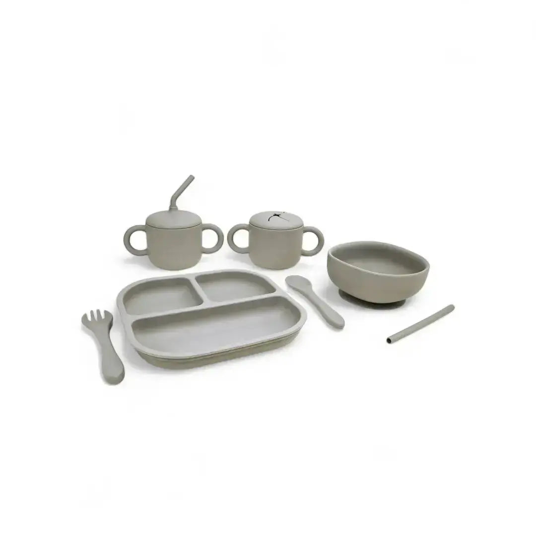 Kit Deluxe Vajilla + Babero BLW Gris 9 Piezas de Silicona orgánica con ventosas Nenina & Co